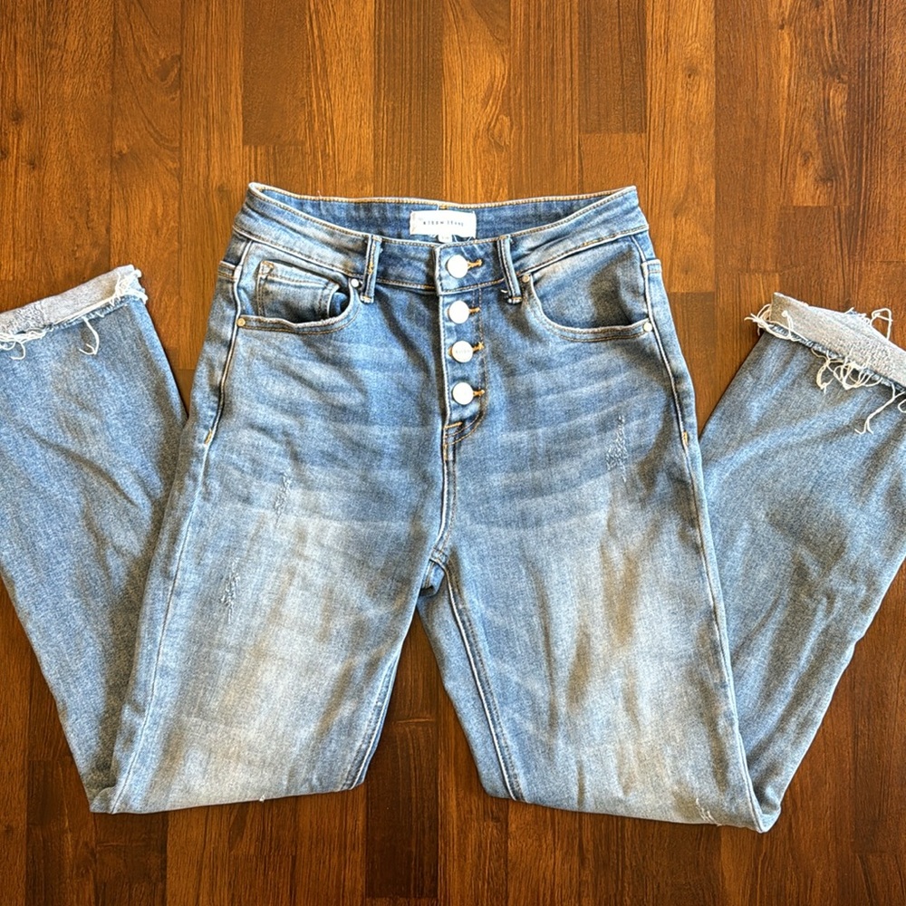 Risen High Rise Button Fly Straight Leg Cuffed Jeans